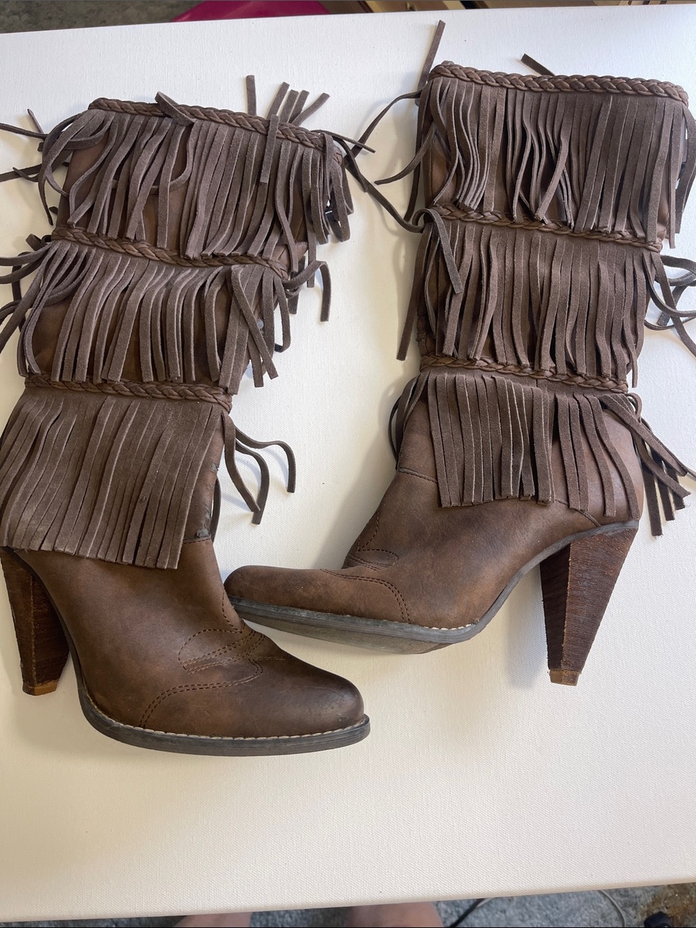 Very Volatile Brown Suede Fringe High Heel Boots 8.5